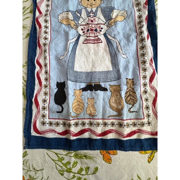 Vintage Linen Kitchen Towel With Folk Art Chef & Cats Design In Red/Blue/White - Picture 4 of 6